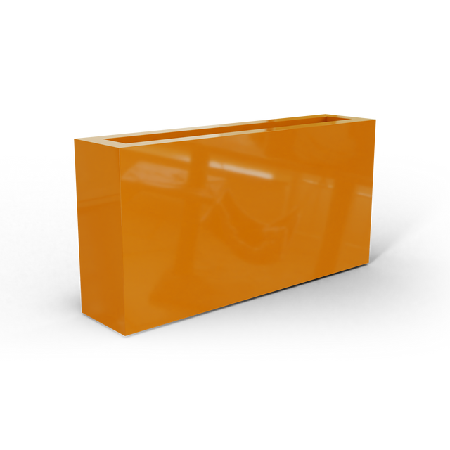 Camoux narrow fiberglass planter in Gloss Tangerine, 36 × 8 × 18 in, studio render