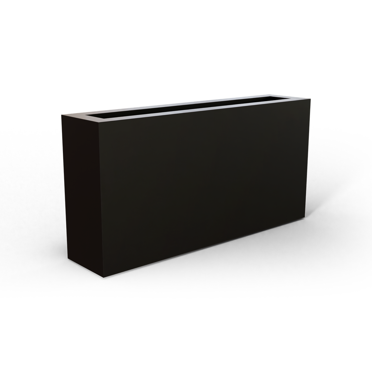 Camoux narrow fiberglass planter in Matte Black, 36 × 8 × 18 in, studio render