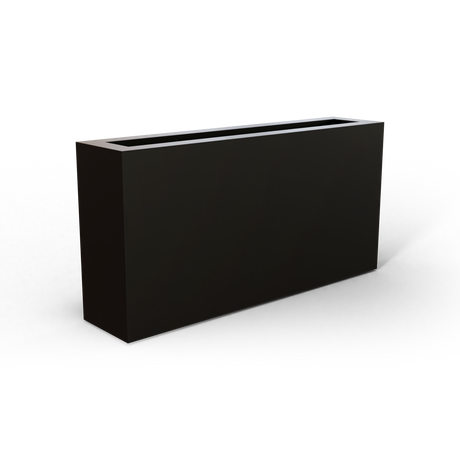 Camoux narrow fiberglass planter in Matte Black, 36 × 8 × 18 in, studio render