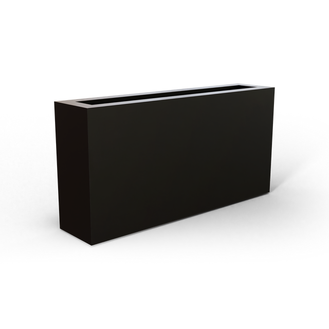 Camoux narrow fiberglass planter in Matte Black, 36 × 8 × 18 in, studio render