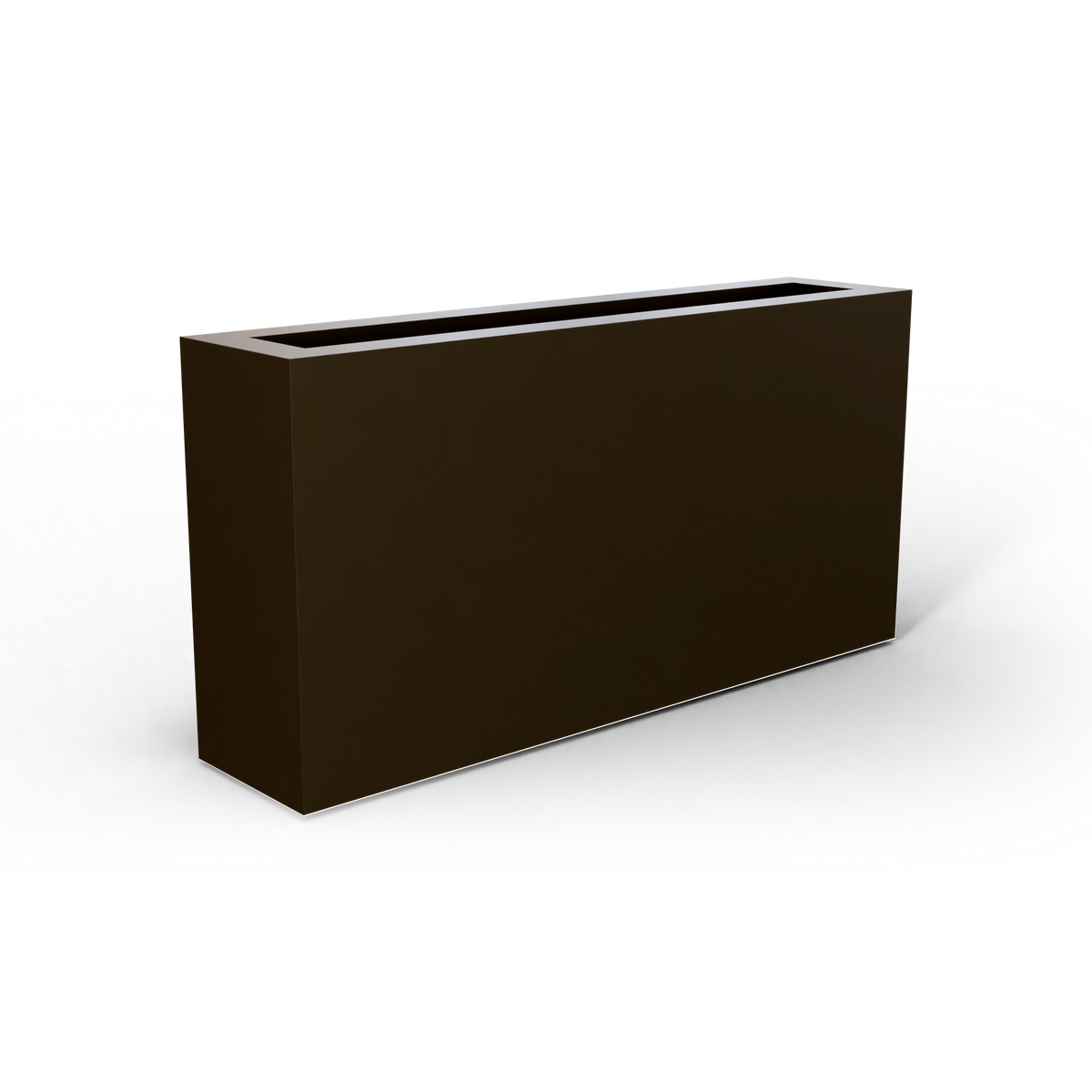 Camoux narrow fiberglass planter in Matte Bronze, 36 × 8 × 18 in, studio render