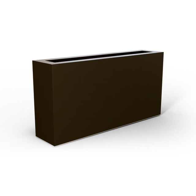 Camoux narrow fiberglass planter in Matte Bronze, 36 × 8 × 18 in, studio render
