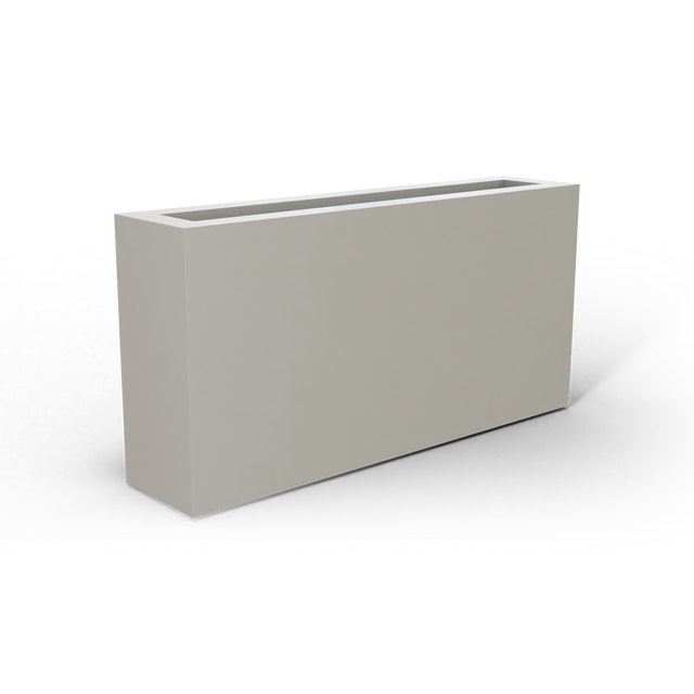 Camoux narrow fiberglass planter in Matte Cement Grey, 36 × 8 × 18 in, studio render
