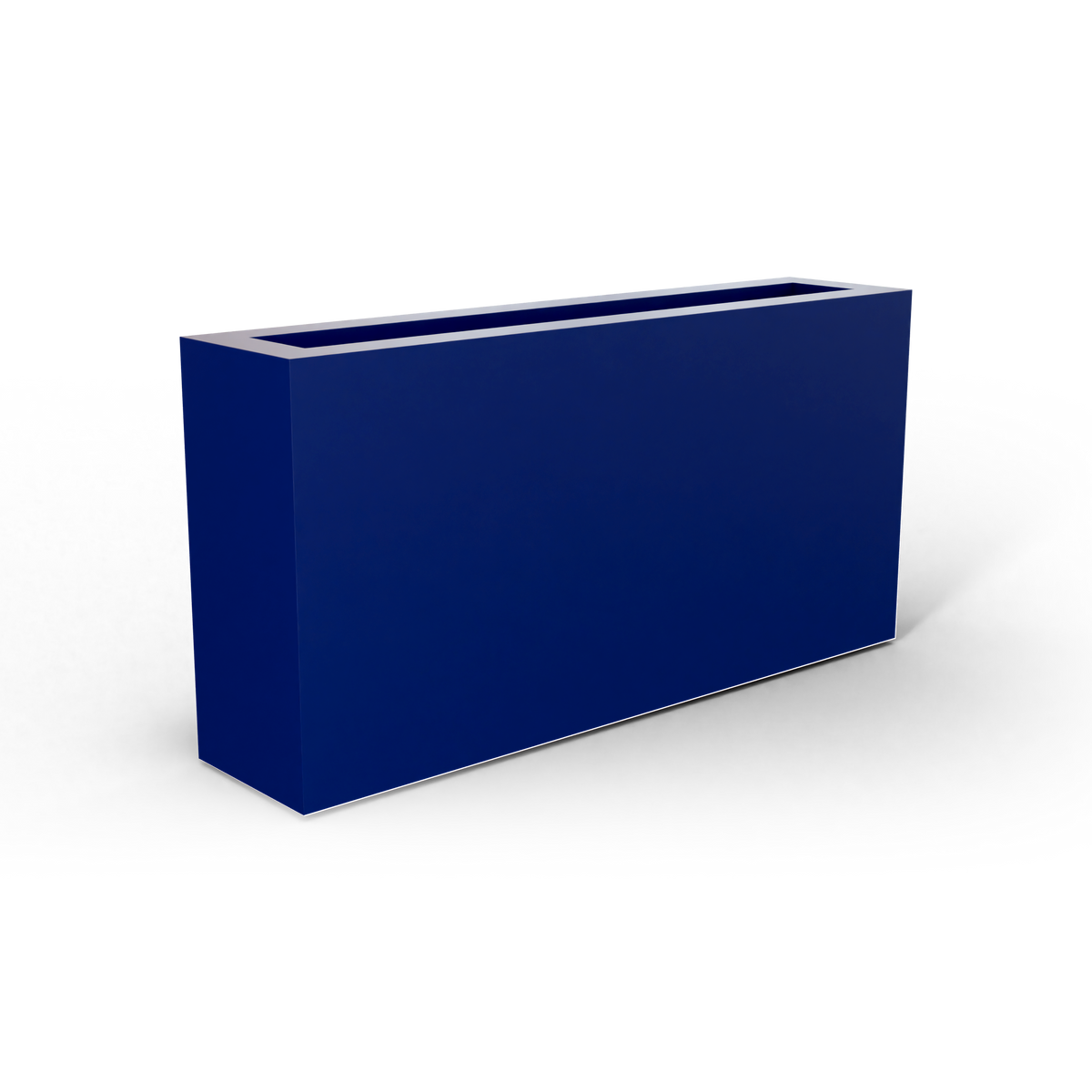Camoux narrow fiberglass planter in Matte Cobalt Blue, 36 × 8 × 18 in, studio render