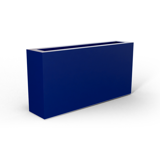 Camoux narrow fiberglass planter in Matte Cobalt Blue, 36 × 8 × 18 in, studio render