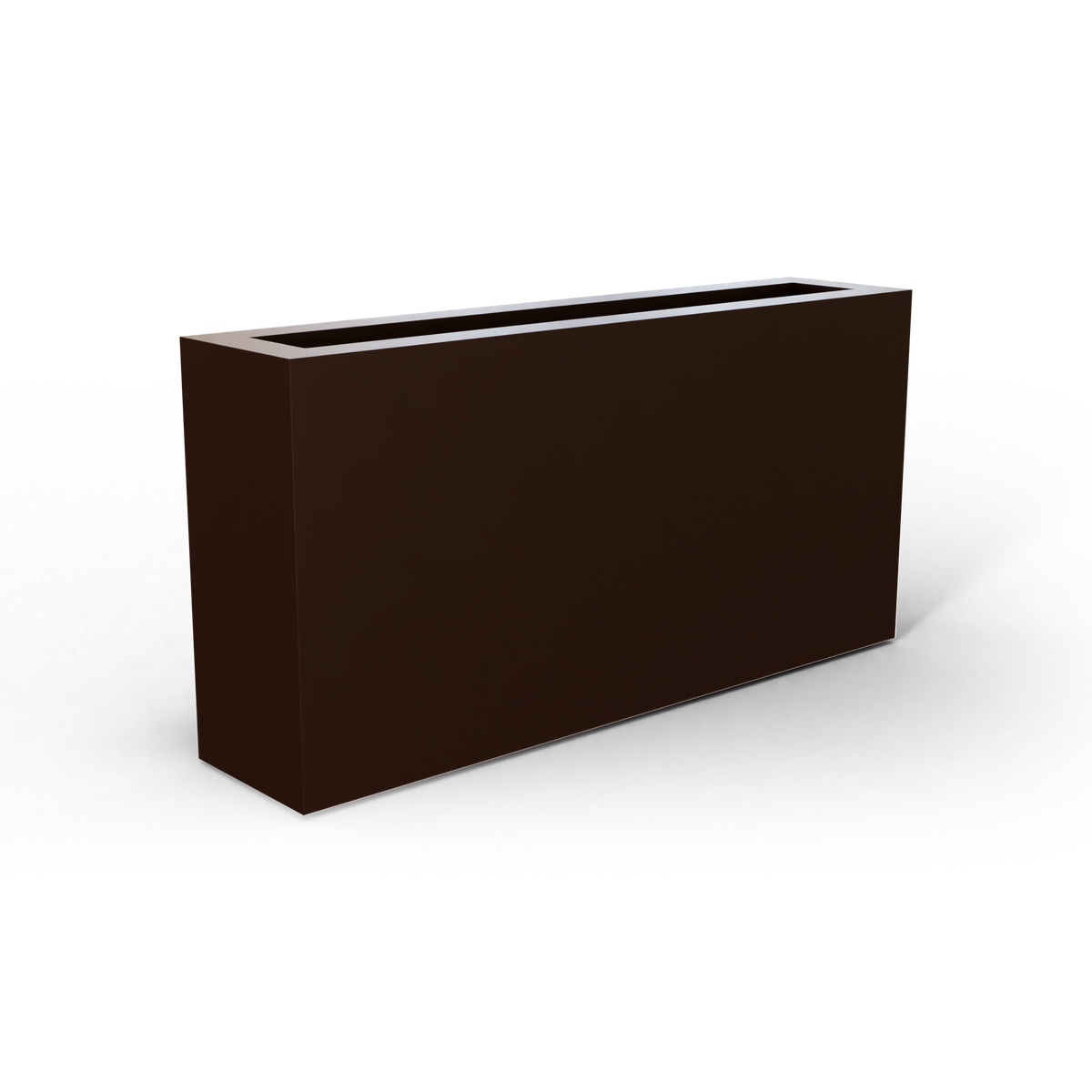 Camoux narrow fiberglass planter in Matte Dark Brown, 36 × 8 × 18 in, studio render