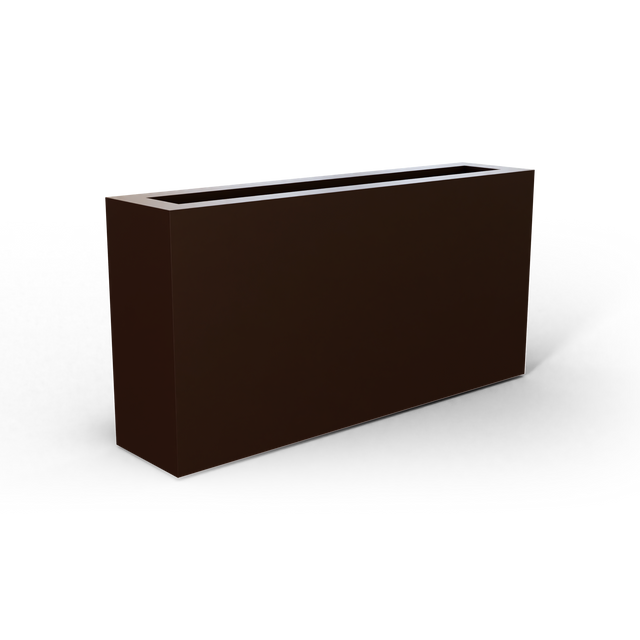 Camoux narrow fiberglass planter in Matte Dark Brown, 36 × 8 × 18 in, studio render