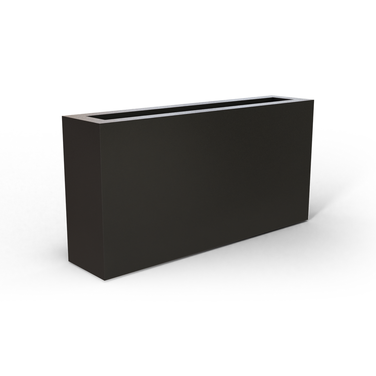 Camoux narrow fiberglass planter in Matte Gunmetal, 36 × 8 × 18 in, studio render