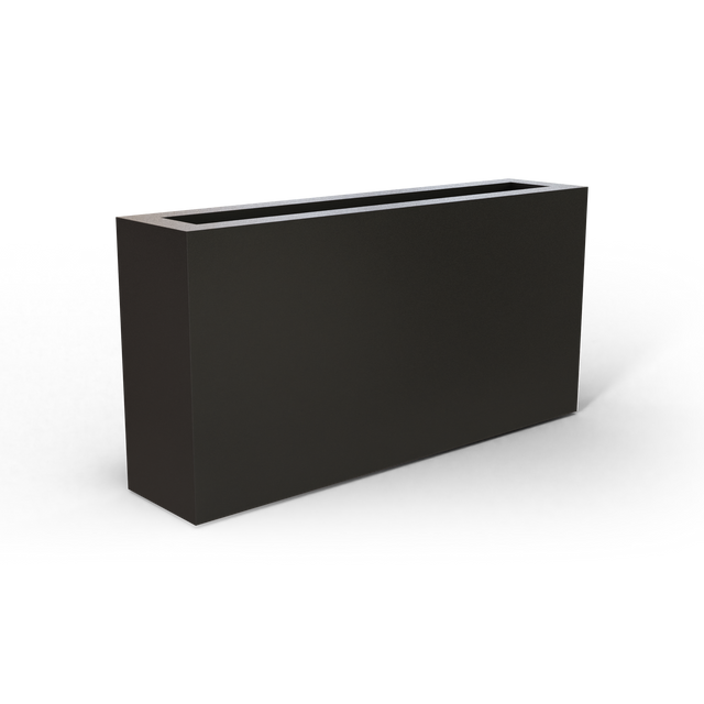 Camoux narrow fiberglass planter in Matte Gunmetal, 36 × 8 × 18 in, studio render