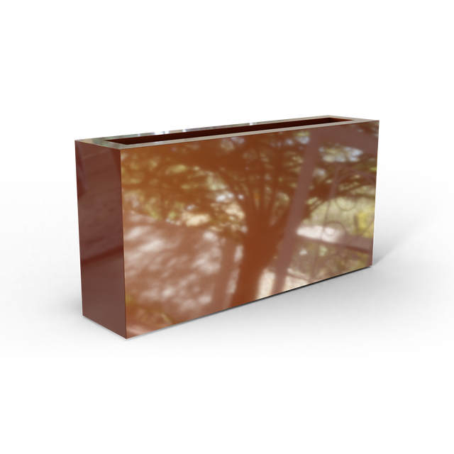 Camoux narrow fiberglass planter in Metallic Bronze, 36 × 8 × 18 in, studio render