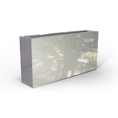 Camoux narrow fiberglass planter in Metallic Silver, 36 × 8 × 18 in, studio render