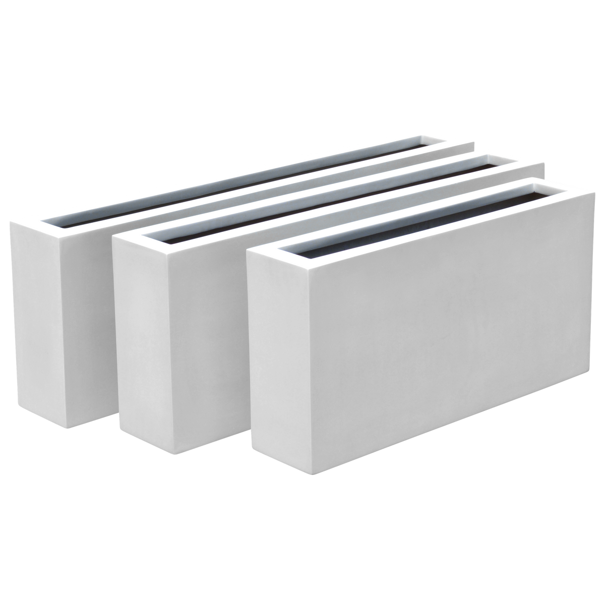 Camoux narrow fiberglass planter shown in all sizes side by side in a studio render for comparing sizes: 36 × 8 × 18 in, 48 × 8 × 18 in