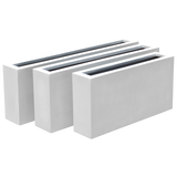 Camoux narrow fiberglass planter shown in all sizes side by side in a studio render for comparing sizes: 36 × 8 × 18 in, 48 × 8 × 18 in