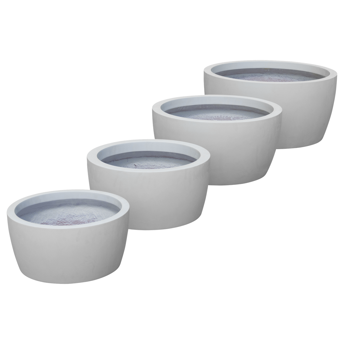 Casablanca bowl fiberglass planter shown in all sizes side by side in a studio render for comparing sizes: D 20 in × 10 in, D 24 in × 12 in, D 30 in × 15 in, D 36 in × 18 in