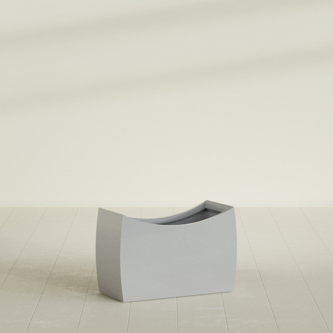 Seoul Curved Planter in Metallic Silver, 36"L × 16"D × 24"H, shown empty