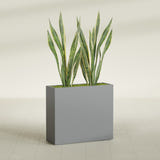 Perth Rectangular fiberglass planter in Matte Gunmetal, shown planted, in a sunlit interior