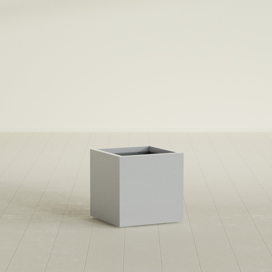 Montroy Cube Planter in Metallic Silver, 20", shown empty