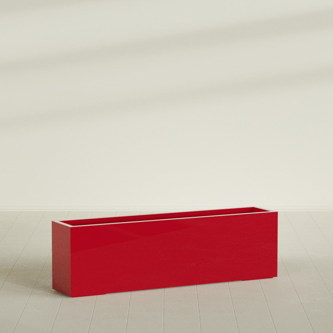 Miami Narrow Rectangular Planter in Gloss Red, 60"L × 12"D × 18"H, shown empty