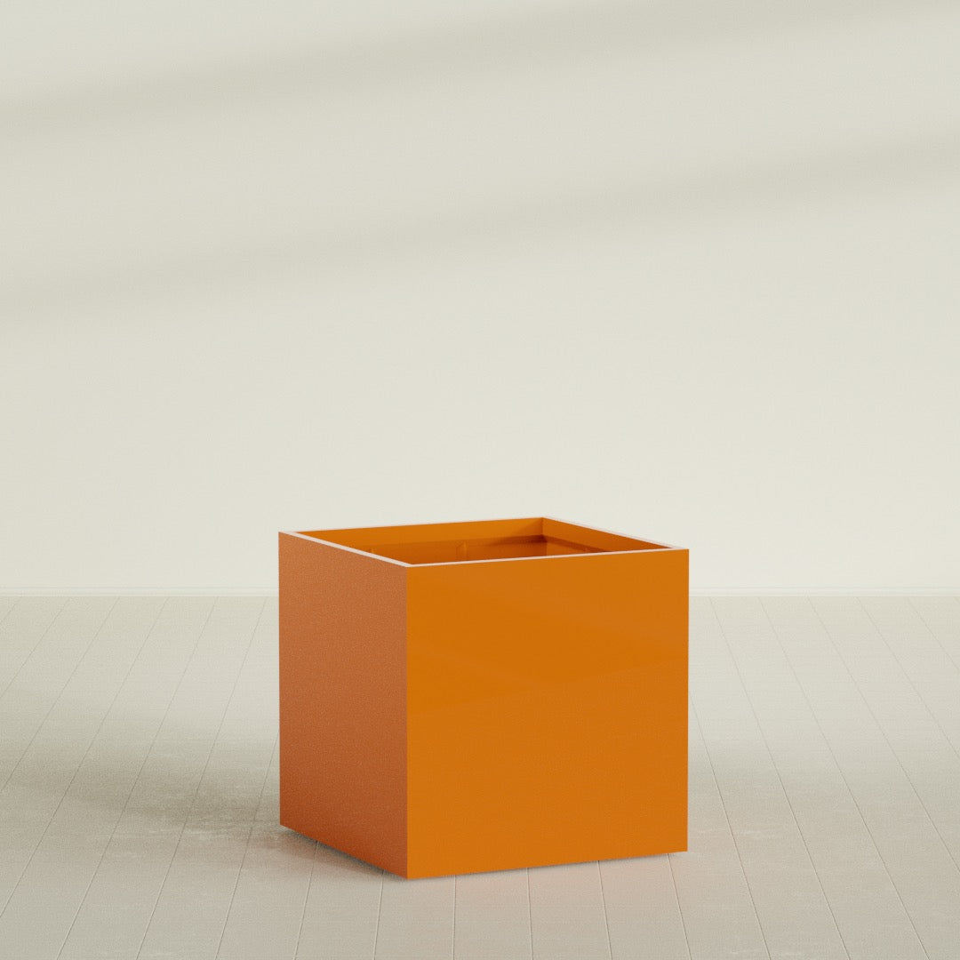 Montroy Cube Planter in Gloss Tangerine, 40", shown empty