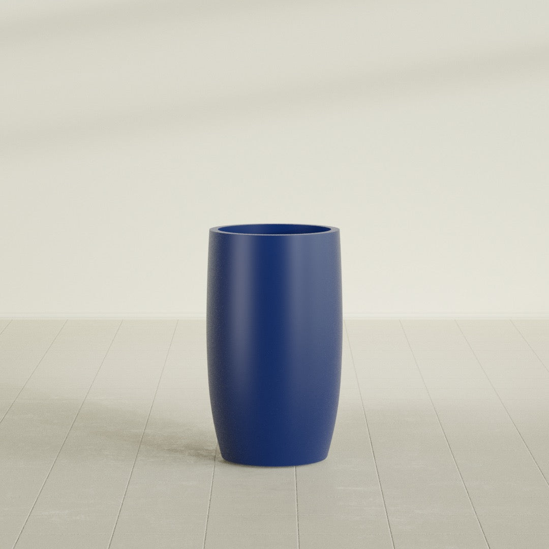 Lisbon tall round tapered fiberglass planter in Matte Cobalt Blue, 18 in diameter, 32 in high, shown empty