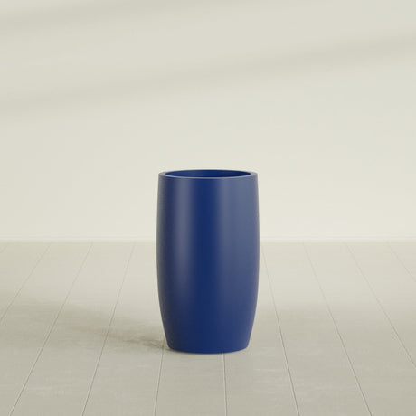 Lisbon tall round tapered fiberglass planter in Matte Cobalt Blue, 18 in diameter, 32 in high, shown empty