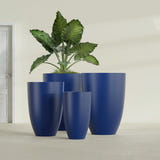 Brannan Tapered Round fiberglass planter in Matte Cobalt Blue, size range, in a sunlit interior