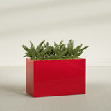 Brisbane Rectangular fiberglass planter in Gloss Red, shown planted, in a sunlit interior