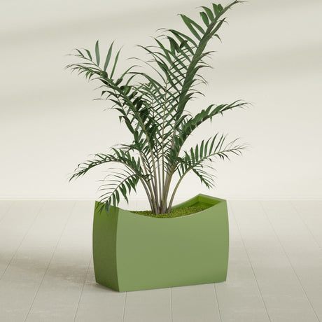 Seoul Curved fiberglass planter in Satin Green, shown planted, in a sunlit interior