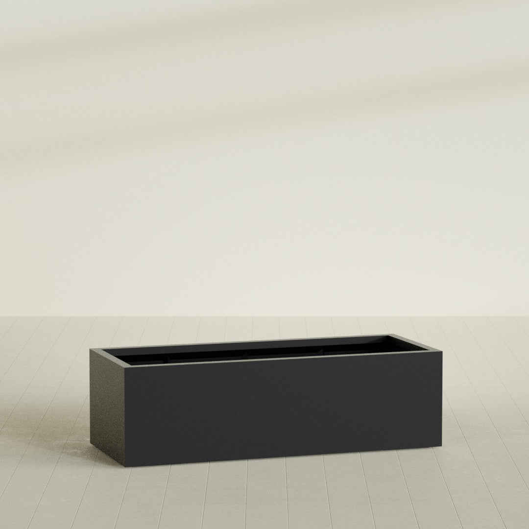 Torino Wide Rectangular Planter in Matte Black, 60"L × 24"D × 18"H, shown empty
