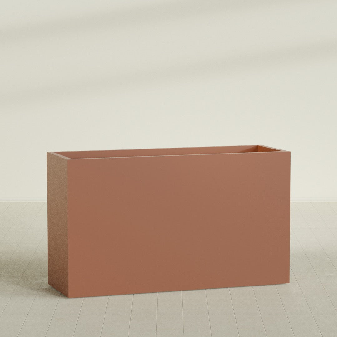 Darwin Rectangular Planter in Matte Terra Cotta, 72"L × 24"D × 42"H, shown empty