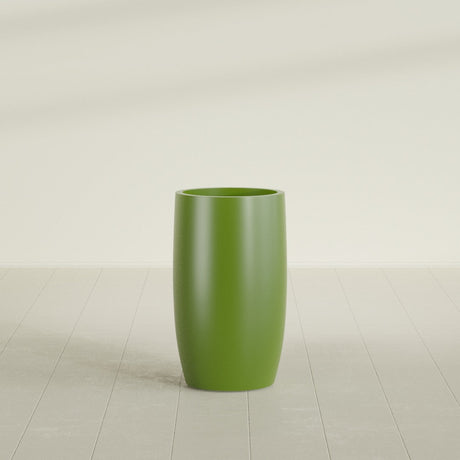 Lisbon tall round tapered fiberglass planter in Satin Green, 18 in diameter, 32 in high, shown empty