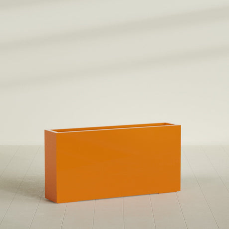 Milano Narrow Rectangular Planter in Gloss Tangerine, 48"L × 10"D × 24"H, shown empty