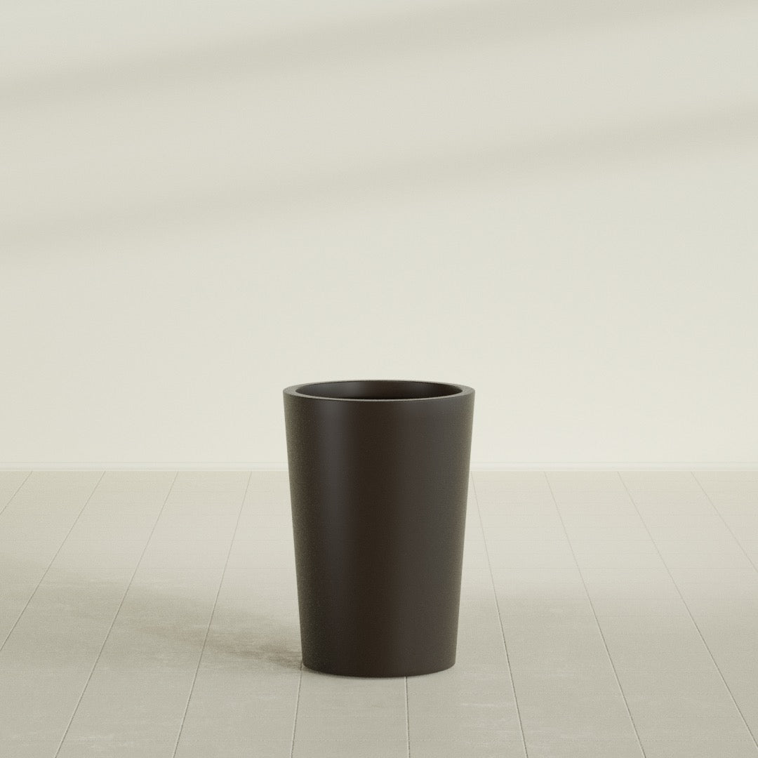 Tegel Round Tapered Planter in Matte Dark Brown, 18"D × 26"H, shown empty