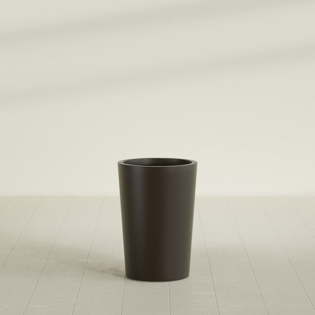 Tegel Round Tapered Planter in Matte Dark Brown, 18"D × 26"H, shown empty