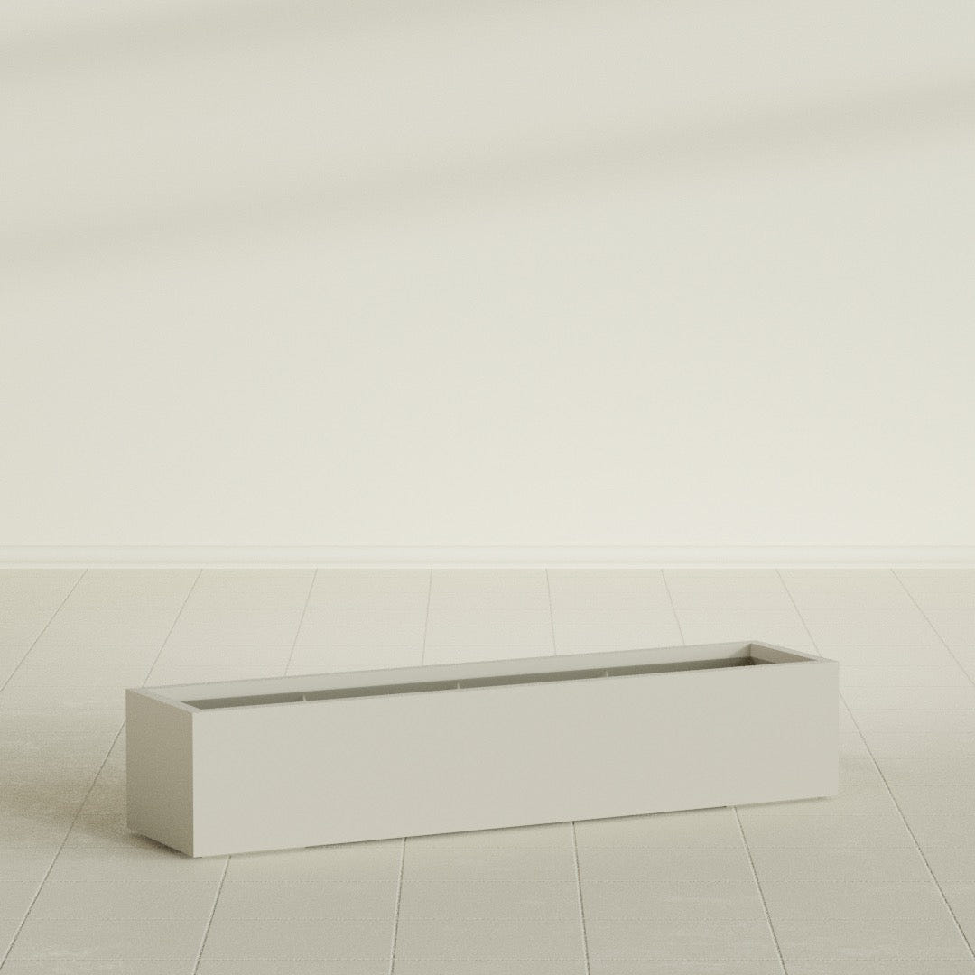 Cuba Low Rectangular Planter in Satin Beige, 60"L × 14"D × 12"H, shown empty