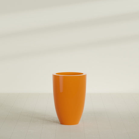 Brannan Tapered Round Planter in Gloss Tangerine, 24"D × 35"H, shown empty