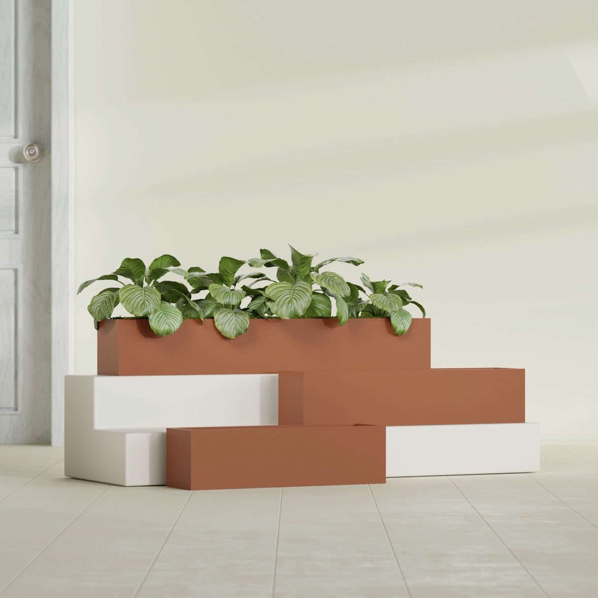 Monaco Rectangle fiberglass planter in Matte Terra Cotta, shown planted, in a sunlit interior