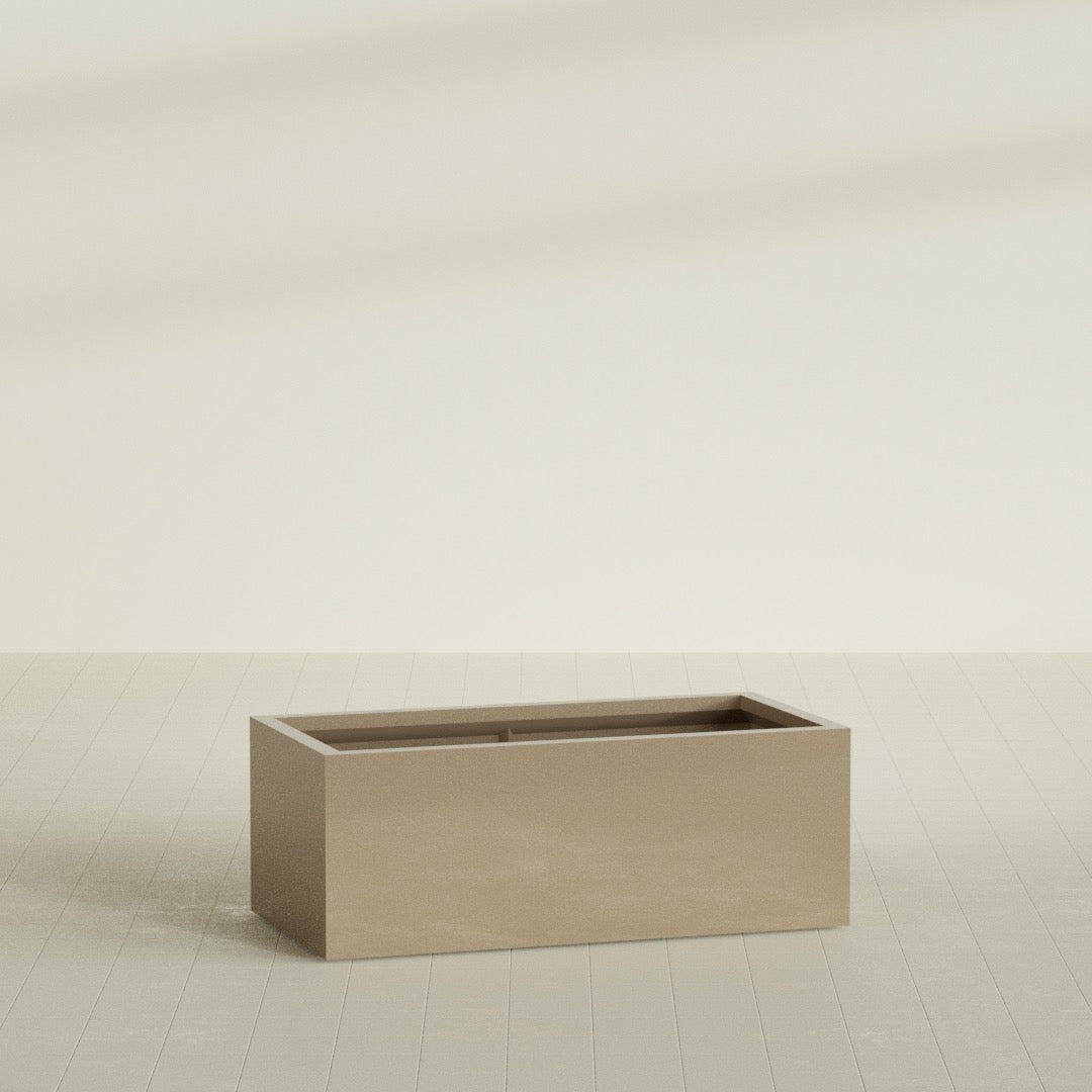 Torino Wide Rectangular Planter in Gloss Metallic Gold, 48"L × 24"D × 18"H, shown empty