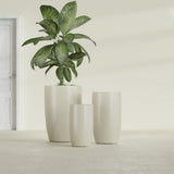 Lisbon Tall Round fiberglass planter in Satin Beige, size range, in a sunlit interior