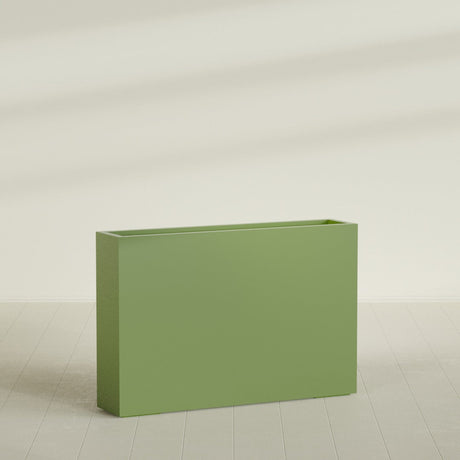 Amesbury Narrow Rectangular Planter in Satin Green, 48"L × 10"D × 32"H, shown empty