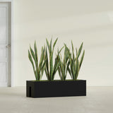 Tiergarden Railing fiberglass planter in Matte Black, shown planted, in a sunlit interior