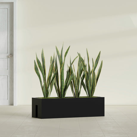 Tiergarden Railing fiberglass planter in Matte Black, shown planted, in a sunlit interior