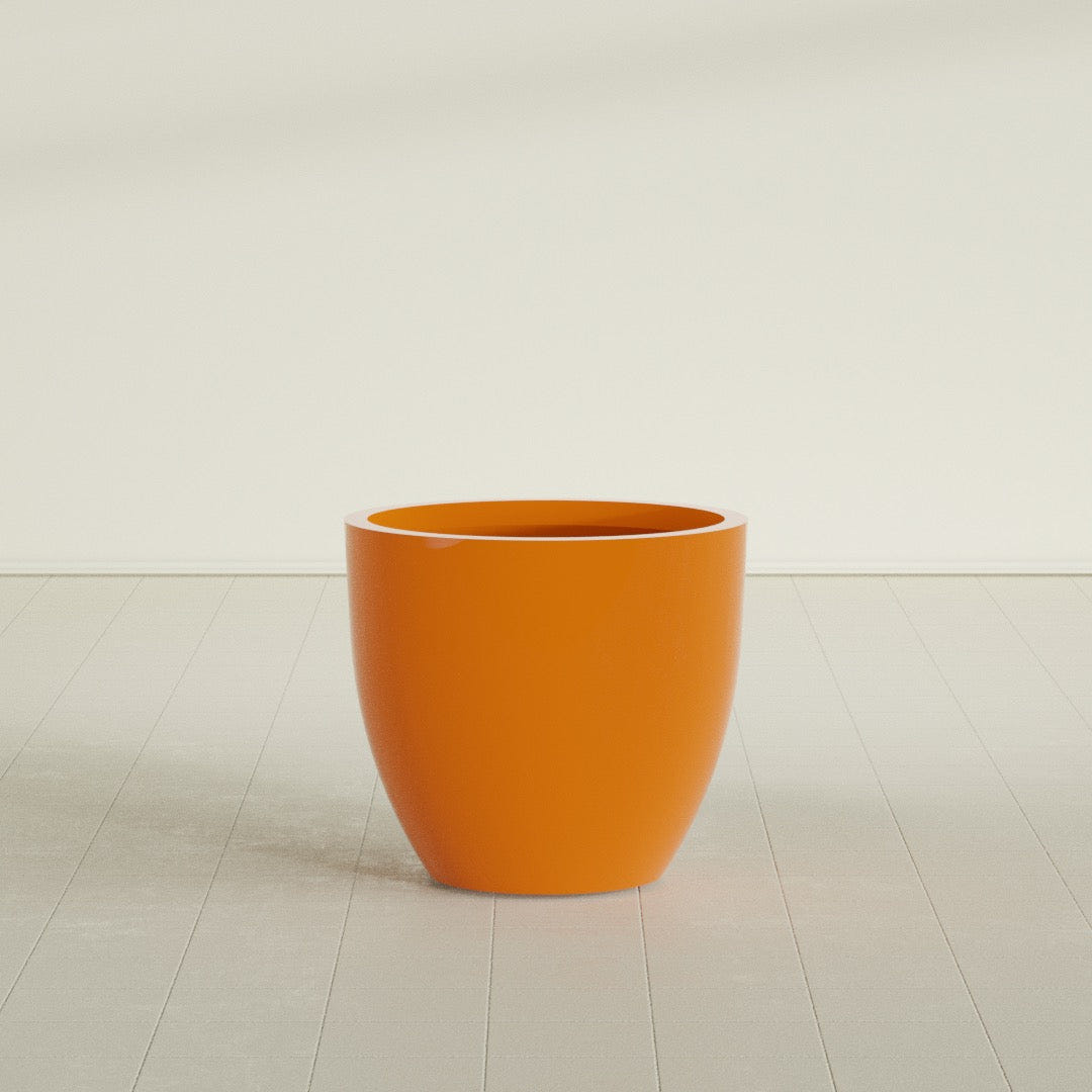 Wannsee Round Planter in Gloss Tangerine, 33"D × 29"H, shown empty