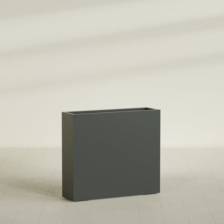 Amesbury Narrow Rectangular Planter in Matte Charcoal, 36"L × 10"D × 32"H, shown empty