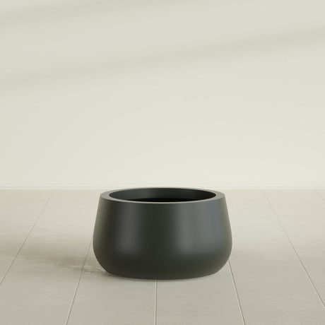Short Hayden Bowl Planter in Matte Charcoal, 16"D × 8"H, shown empty