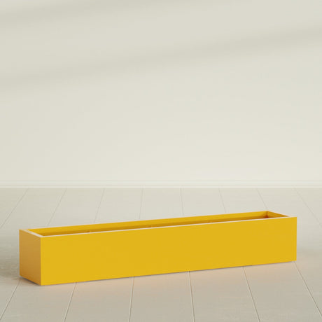 Cuba Low Rectangular Planter in Gloss Saffron, 72"L × 14"D × 12"H, shown empty