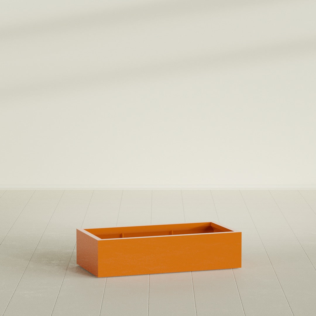Antwerp Rectangular Planter in Gloss Tangerine, 48"L × 24"D × 12"H, shown empty