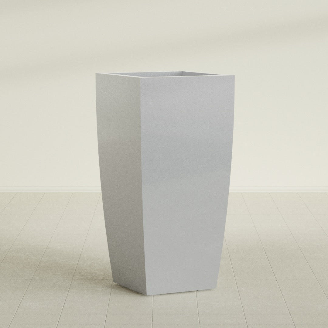 Toulan Tapered Square Planter in Metallic Silver, 23"W × 48"H, shown empty
