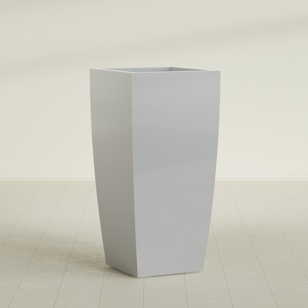 Toulan Tapered Square Planter in Metallic Silver, 23"W × 48"H, shown empty