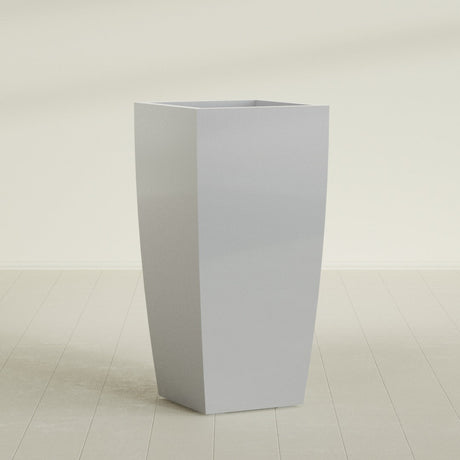 Toulan Tapered Square Planter in Metallic Silver, 23"W × 48"H, shown empty